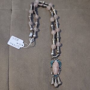 Vintage 925  Sterling Silver Necklace With Rose Quartz Pendant